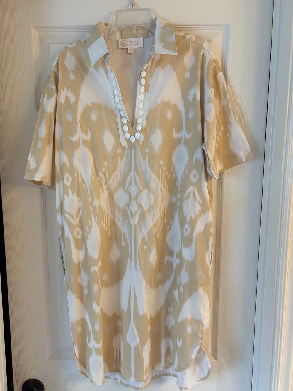 Sheridan French tan/white ikat print dress sz M LN boutique brand $$